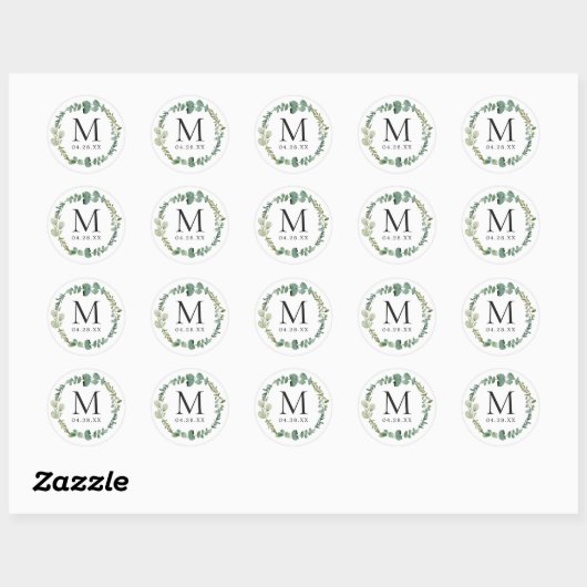 Monogram bruiloft Datum Eucalyptus Leaves Ronde Sticker (Vel)