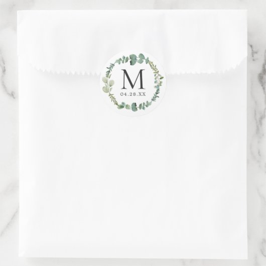 Monogram bruiloft Datum Eucalyptus Leaves Ronde Sticker (Tas)