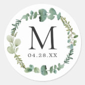 Monogram bruiloft Datum Eucalyptus Leaves Ronde Sticker (Voorkant)