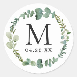 Monogram bruiloft Datum Eucalyptus Leaves Ronde Sticker