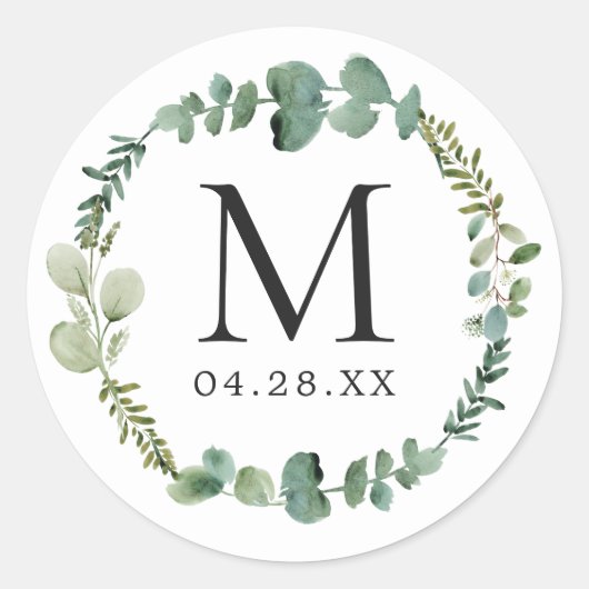 Monogram bruiloft Datum Eucalyptus Leaves Ronde Sticker (Voorkant)