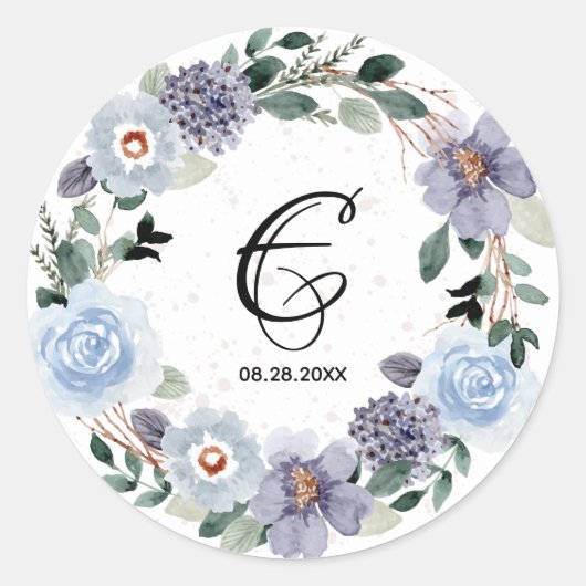 Monogram bruiloft Datum Paarse Floral Wreath Ronde Sticker (Voorkant)