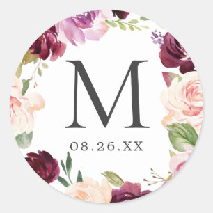 Monogram bruiloft Datum Plum Paars Floral Wreator Ronde Sticker