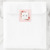 Monogram Bruiloft Delicate Poppy Roze Bruiloft Vierkante Sticker (Tas)