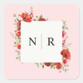 Monogram Bruiloft Delicate Poppy Roze Bruiloft Vierkante Sticker (Voorkant)