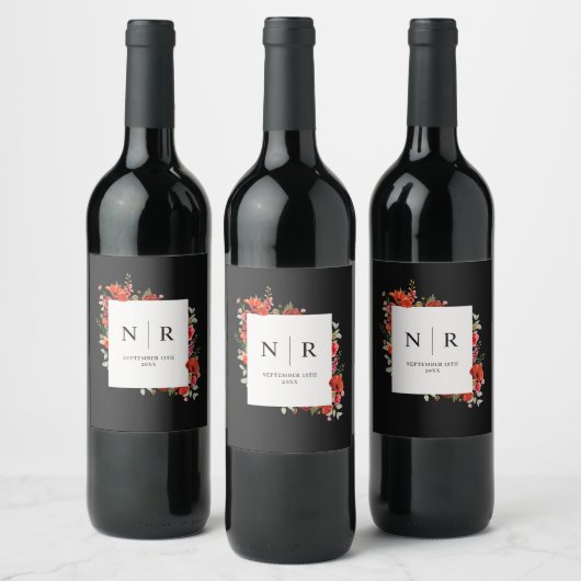 Monogram bruiloft Delicate popy Dark Wedding Wijn Etiket (Flessen)
