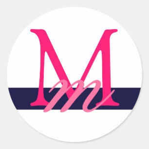 Monogram Bruiloft Envelop Seal Wit Navy Roze Ronde Sticker