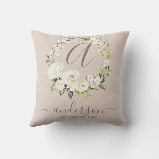 Monogram bruiloft Keepsake witte bloemenkrans Kussen (Achterkant)