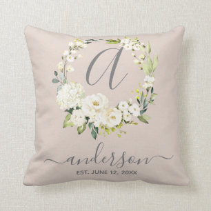 Monogram bruiloft Keepsake witte bloemenkrans Kussen