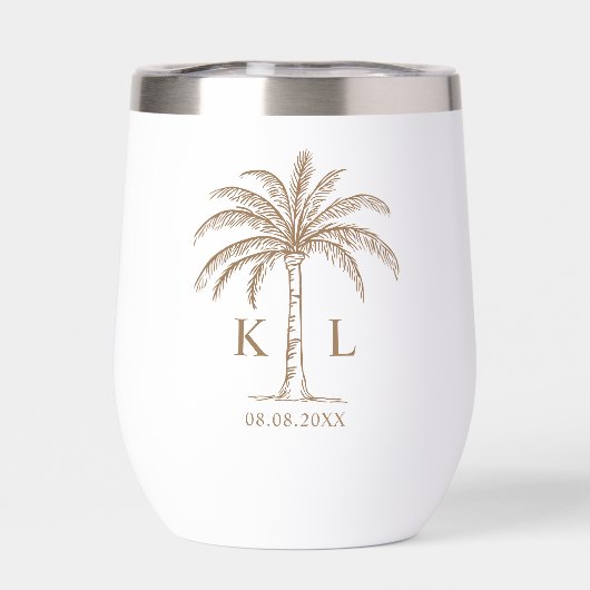 Monogram Bruiloft Logo Palm Tree Thermische wijn (Achterkant)