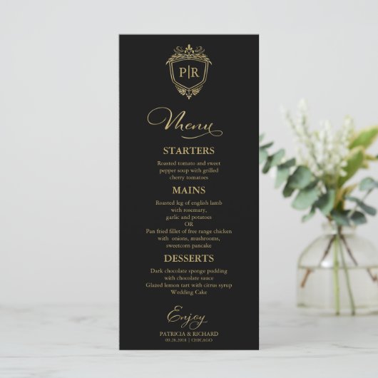 Monogram Bruiloft Menu Kaarten Zwart en Goud (Staand voorkant)