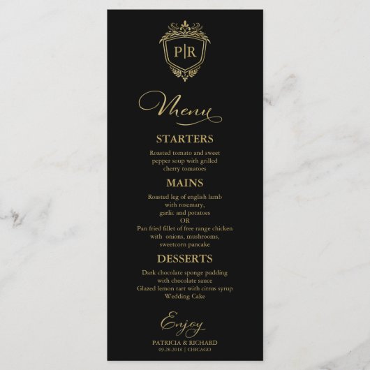 Monogram Bruiloft Menu Kaarten Zwart en Goud (Voorkant)
