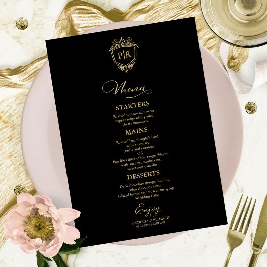 Monogram Bruiloft Menu Kaarten Zwart en Goud