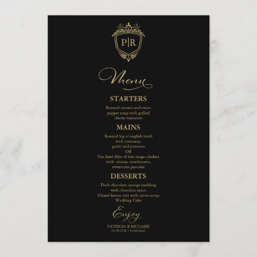 Monogram Bruiloft Menu Kaarten Zwart en Goud (Voorkant)