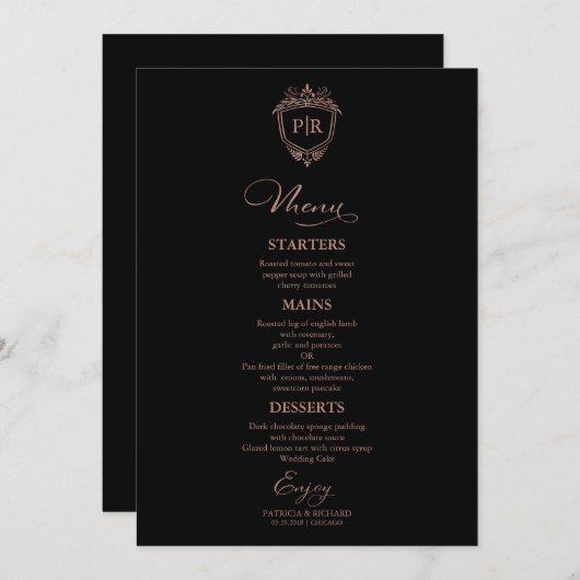 Monogram Bruiloft Menu Kaarten Zwart en Roos Goud (Voorkant / Achterkant)