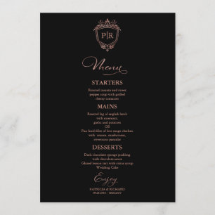 Monogram Bruiloft Menu Kaarten Zwart en Roos Goud
