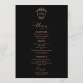 Monogram Bruiloft Menu Kaarten Zwart en Roos Goud (Voorkant)