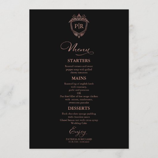Monogram Bruiloft Menu Kaarten Zwart en Roos Goud (Voorkant)