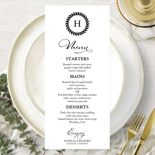Monogram Bruiloft Menu Kaarten Zwart-wit
