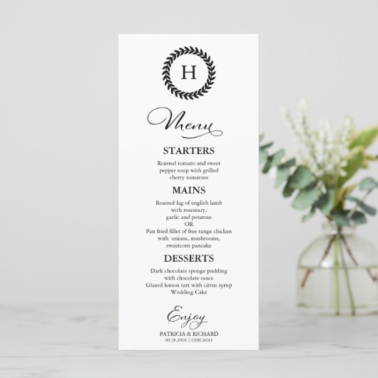 Monogram Bruiloft Menu Kaarten Zwart-wit (Staand voorkant)