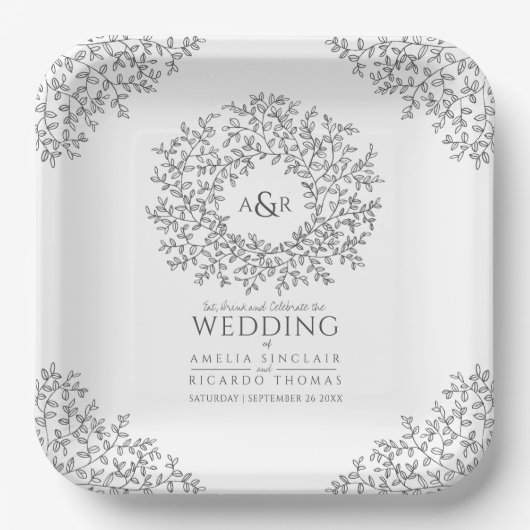 Monogram bruiloft met monogram monocironisch blad papieren bordje (Voorkant)