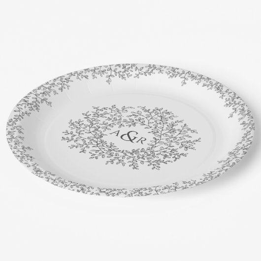 Monogram bruiloft Mono grijze witte cirkelblad Papieren Bordje (Gekanteld)