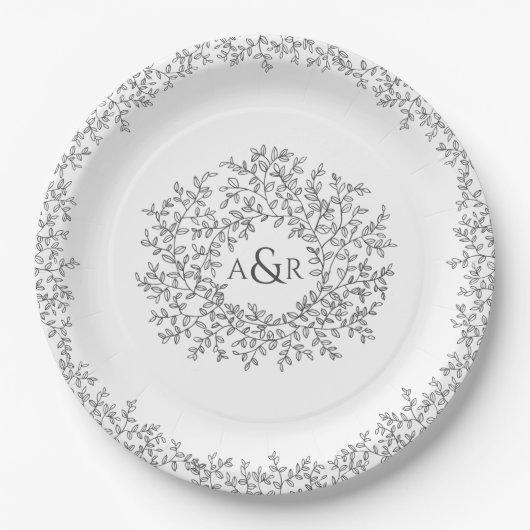 Monogram bruiloft Mono grijze witte cirkelblad Papieren Bordje (Voorkant)
