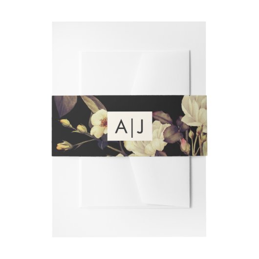 Monogram Bruiloft Moody Bloemen Zwart Uitnodigingen Wikkel (Voorkant Voorbeeld)