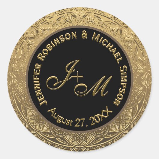 Monogram Bruiloft Seal Goud en Zwart Ronde Sticker (Voorkant)