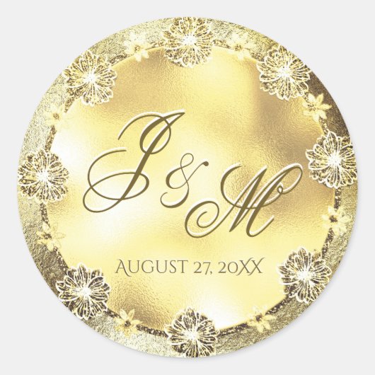  Monogram Bruiloft Seal Gouden Bloemen Ronde Sticker (Voorkant)