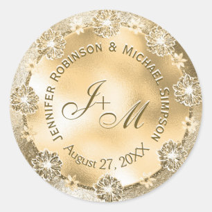  Monogram Bruiloft Seal Gouden Bloemen Ronde Sticker