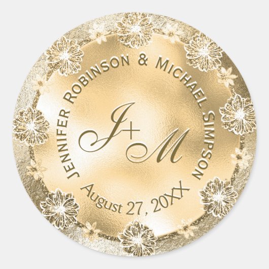  Monogram Bruiloft Seal Gouden Bloemen Ronde Sticker (Voorkant)
