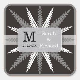 Monogram bruiloft stickers-zilver op zwart vierkante sticker