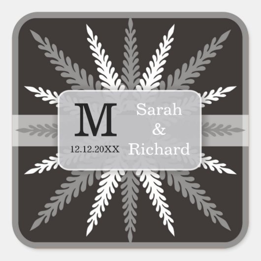 Monogram bruiloft stickers-zilver op zwart vierkante sticker (Voorkant)