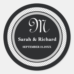 Monogram bruiloft stickers: zwarte polka stippen ronde sticker