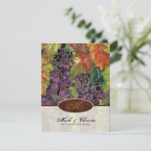 Monogram bruiloft uitnodiging herfst druivenblad (Staand voorkant)