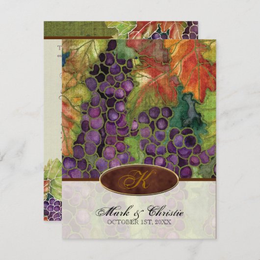 Monogram bruiloft uitnodiging herfst druivenblad (Voorkant / Achterkant)