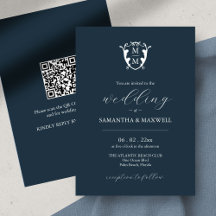 Monogram bruiloft uitnodiging met QR Code Blauw