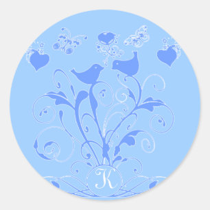 Monogram Bruiloft Vogels Harten Swirls Blauw Ronde Sticker