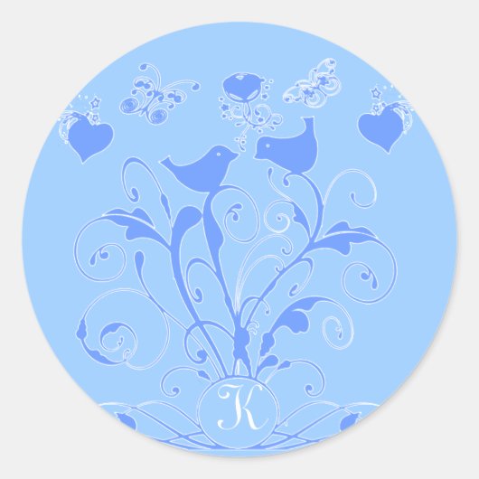 Monogram Bruiloft Vogels Harten Swirls Blauw Ronde Sticker (Voorkant)