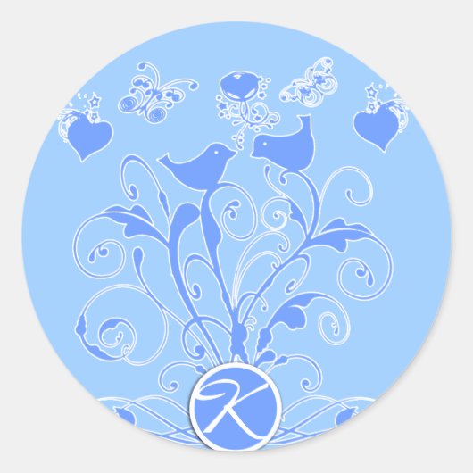 Monogram Bruiloft Vogels Harten Swirls Blauw Ronde Sticker (Voorkant)