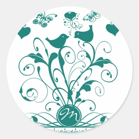 Monogram Bruiloft Vogels Harten Swirls Diep Aqua Ronde Sticker (Voorkant)