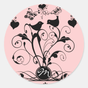 Monogram Bruiloft Vogels Harten Swirls Ronde Sticker