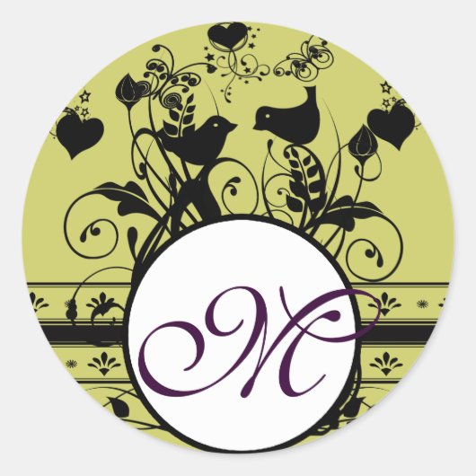 Monogram Bruiloft Vogels Harten Swirls Ronde Sticker (Voorkant)