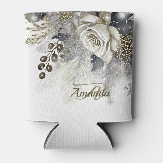 Monogram Bruiloft Zilveren Gouden Witte Rozen Blikjeskoeler (Voorkant)