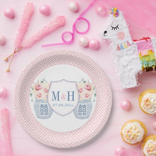 Monogram Bruiloftsfeest met Roze Rozen Papieren Bordje (Feest)