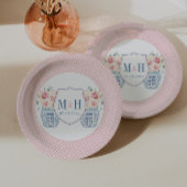 Monogram Bruiloftsfeest met Roze Rozen Papieren Bordje