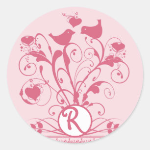 Monogram bruiloftsvogels Hartszirls Honeysuckle Ronde Sticker