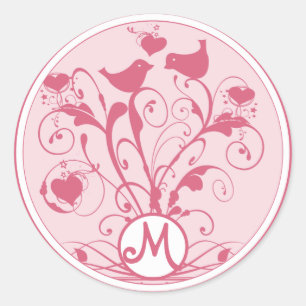 Monogram bruiloftsvogels Hartszirls Honeysuckle Ronde Sticker