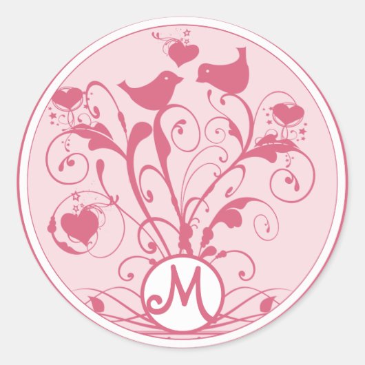 Monogram bruiloftsvogels Hartszirls Honeysuckle Ronde Sticker (Voorkant)